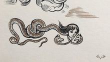 Load image into Gallery viewer, Moon and Witch Serpent, Ink on Paper, Full Moon  Drawing, Original art - 8"x11.5" - Pop Surrealism