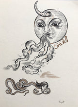 Load image into Gallery viewer, Moon and Witch Serpent, Ink on Paper, Full Moon  Drawing, Original art - 8"x11.5" - Pop Surrealism