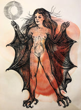 Load image into Gallery viewer, Bat Lady, Original Black Ink and Red Ecoline Drawing, Bat Inanna Illustration, Nude Bat Woman