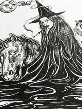 Load image into Gallery viewer, Upir Drawing, Obur, Ubir Witch with her dead horse, Vampire Witch, Vampire ink illustration, Original Ink on Paper, 21x30 cm, Halloween Art