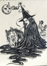 Load image into Gallery viewer, Upir Drawing, Obur, Ubir Witch with her dead horse, Vampire Witch, Vampire ink illustration, Original Ink on Paper, 21x30 cm, Halloween Art