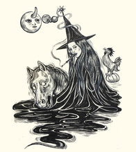 Load image into Gallery viewer, Upir Drawing, Obur, Ubir Witch with her dead horse, Vampire Witch, Vampire ink illustration, Original Ink on Paper, 21x30 cm, Halloween Art