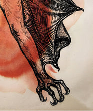 Load image into Gallery viewer, Bat Lady, Original Black Ink and Red Ecoline Drawing, Bat Inanna Illustration, Nude Bat Woman