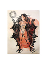 Load image into Gallery viewer, Bat Lady, Original Black Ink and Red Ecoline Drawing, Bat Inanna Illustration, Nude Bat Woman