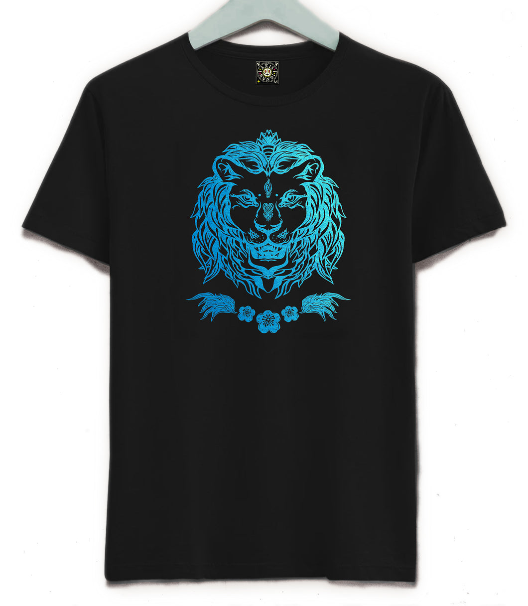 Blue and Pink Metallic Lion T-shirt, Kundalini Lion Tee