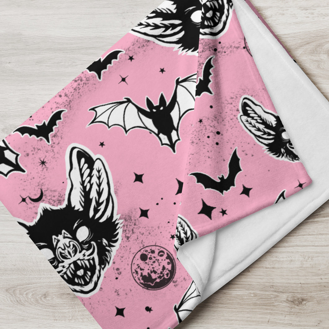 Witchy Bats Throw Blanket, Pink and Black Halloween Blanket ! 2 Sizes, Dracula Blanket