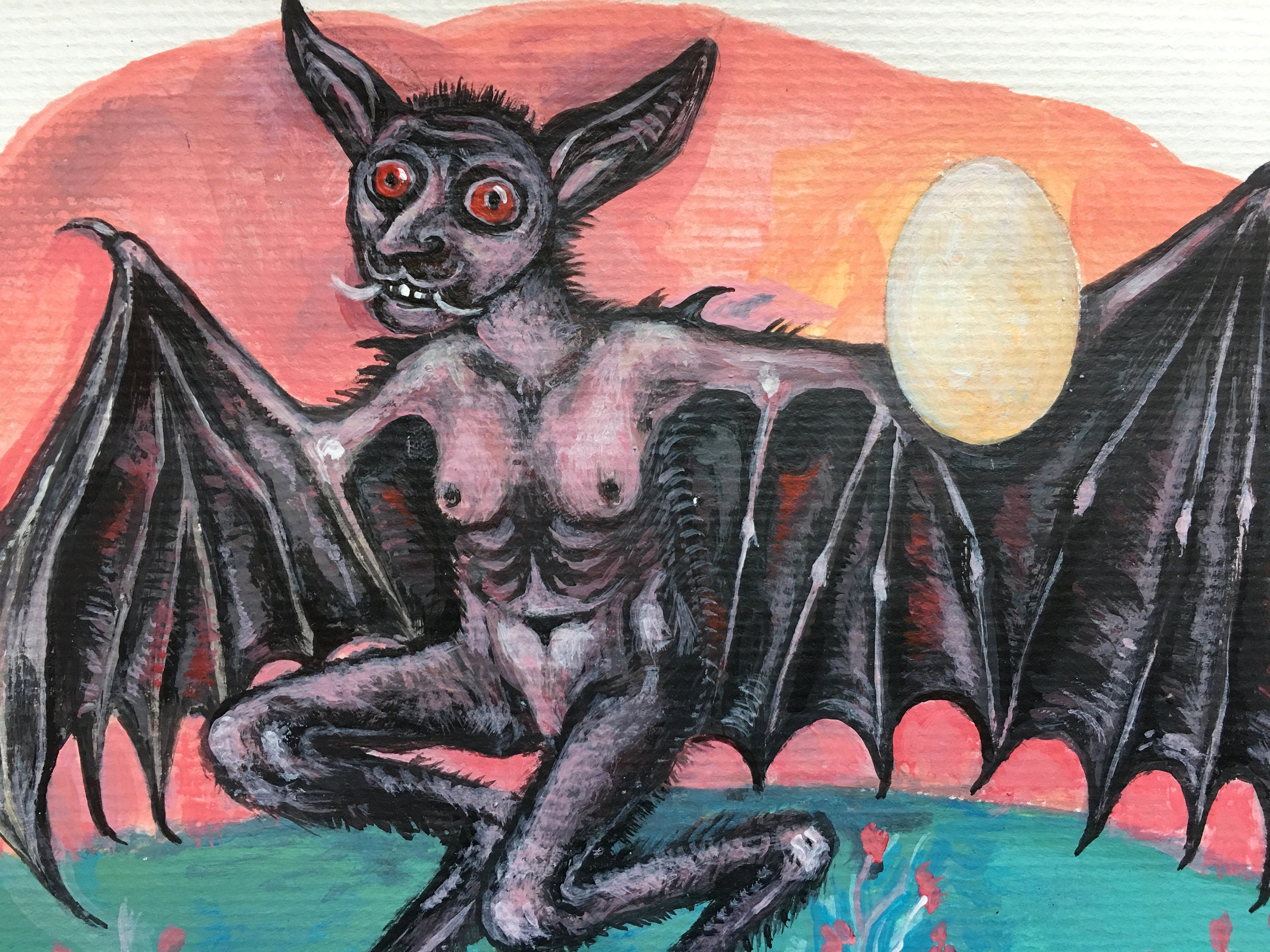Bat Chimera, Original art work, Cosmic egg, Orphic egg, Air element, Acrylic on Watercolor paper 220 gsm, 6"x8.2