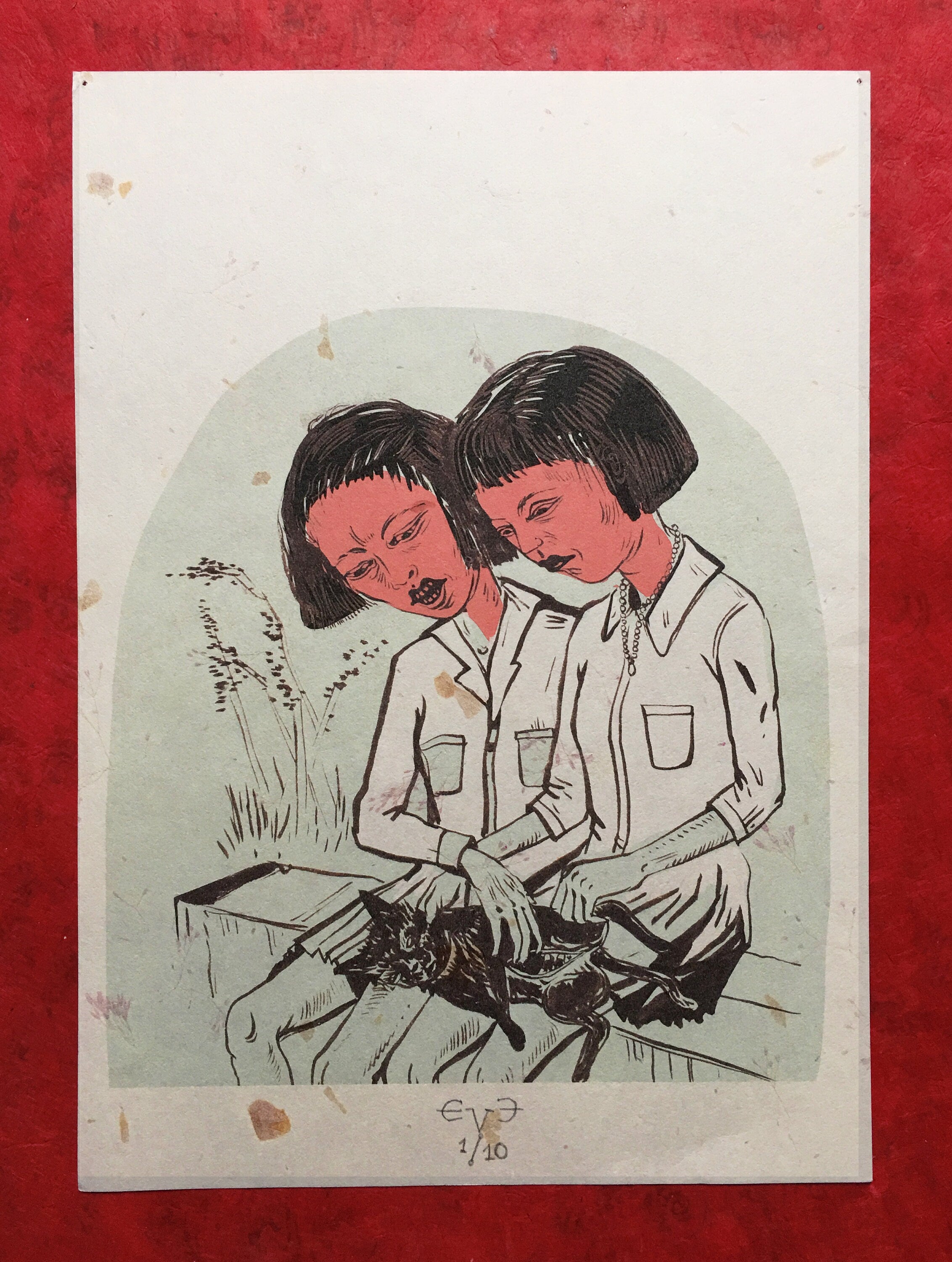 Best Friends and Cat, Digital Giclée Print on Japanese paper with flowers 8"x11"
