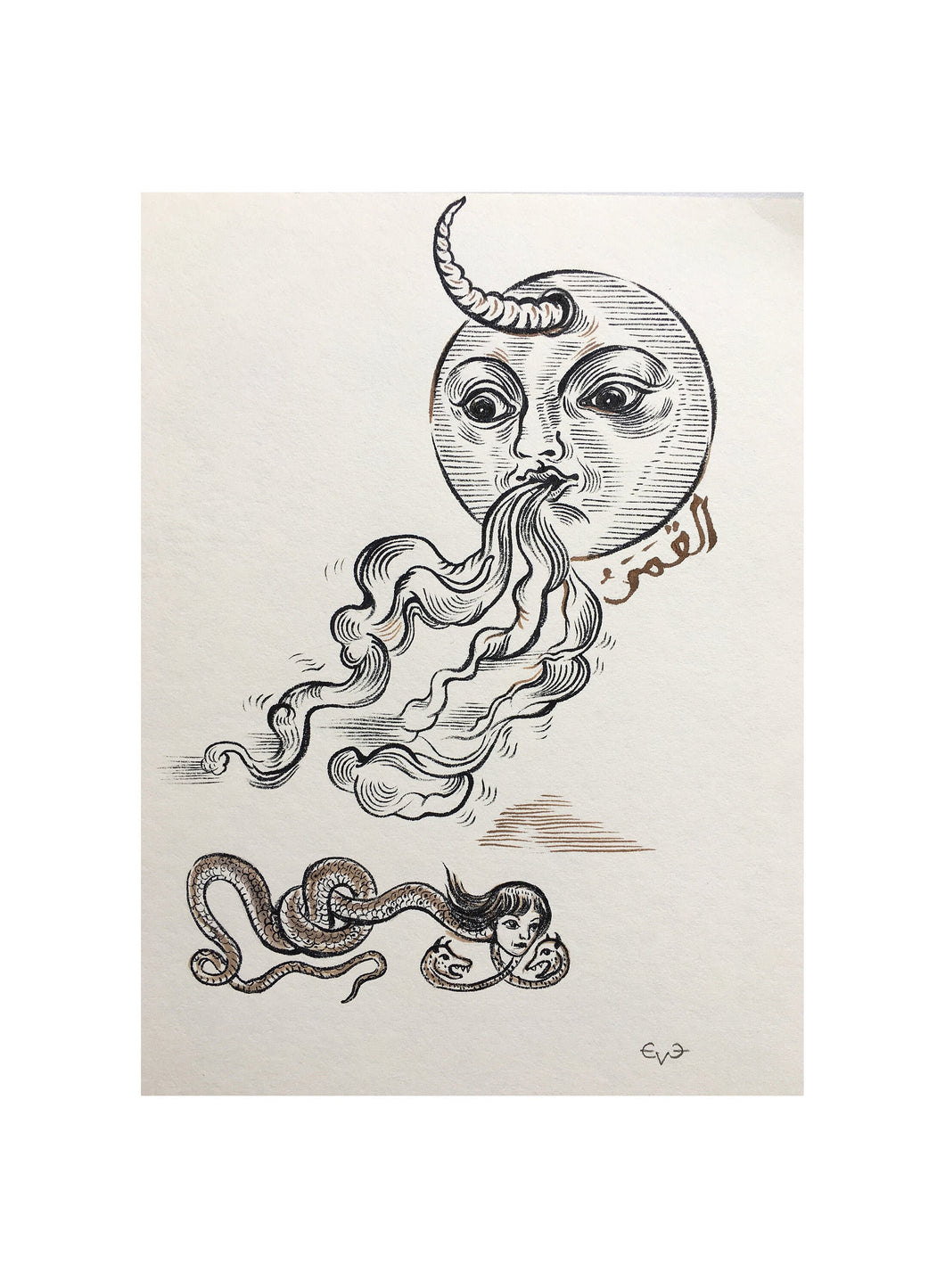 Moon and Witch Serpent, Ink on Paper, Full Moon  Drawing, Original art - 8