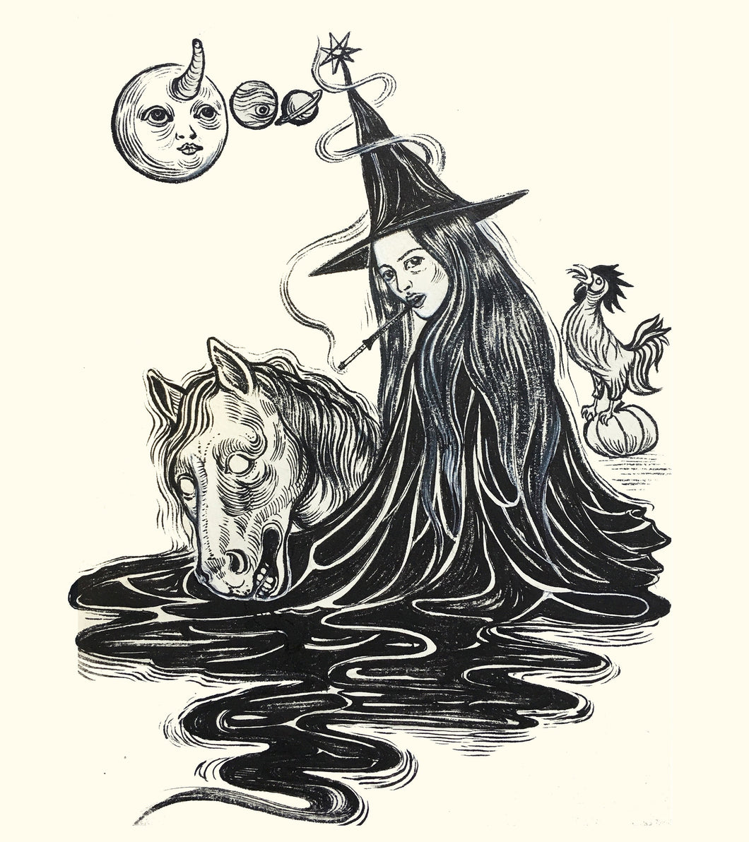 Upir Drawing, Obur, Ubir Witch with her dead horse, Vampire Witch, Vampire ink illustration, Original Ink on Paper, 21x30 cm, Halloween Art