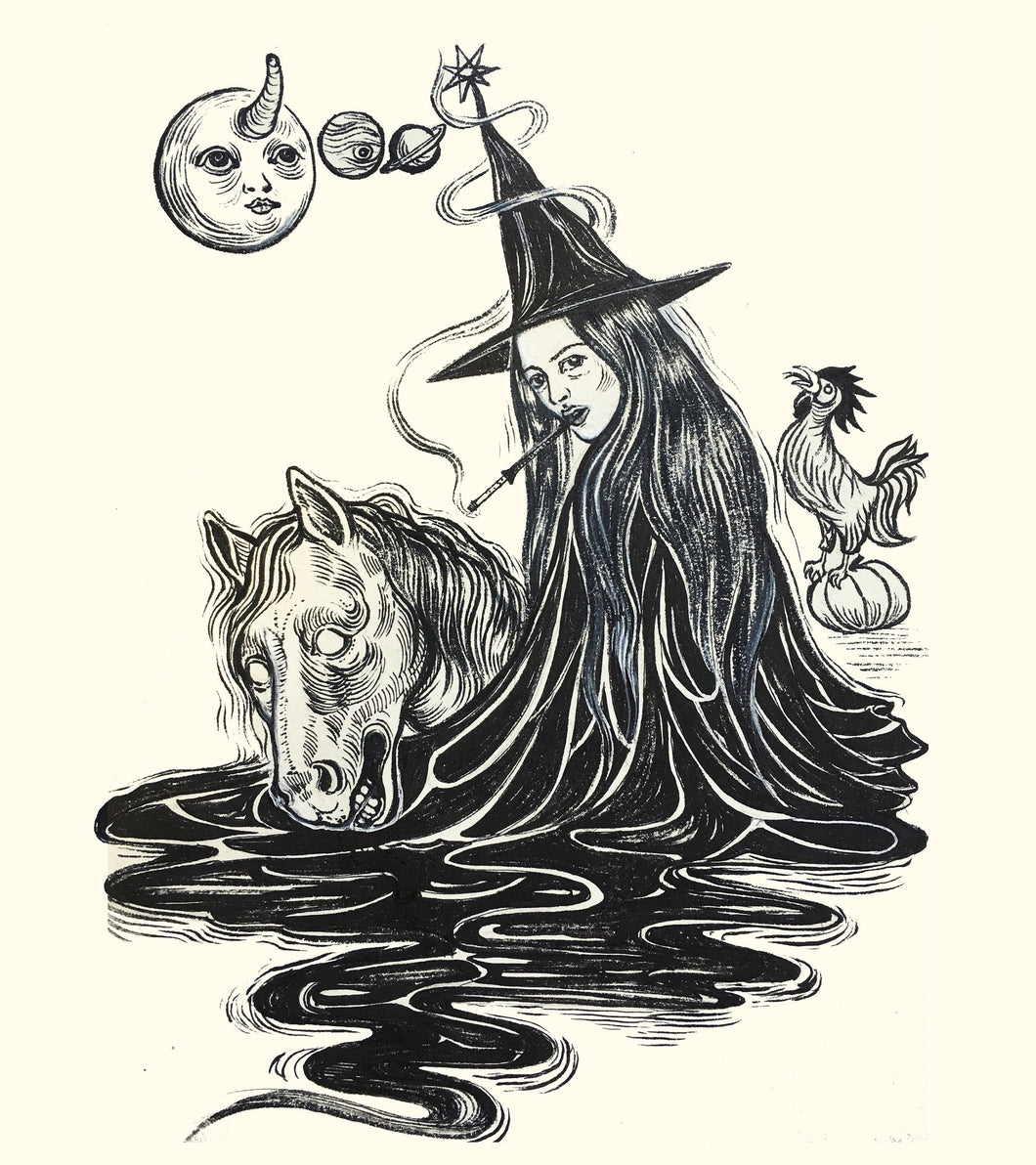 Upir, Obur, Ubir Witch with her dead horse, Ink on Paper, 21x30 cm, Original ink drawing, Halloween Art