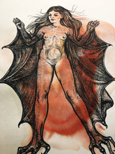 Load image into Gallery viewer, Bat Lady, Original Black Ink and Red Ecoline Drawing, Bat Inanna Illustration, Nude Bat Woman
