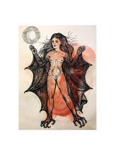 Load image into Gallery viewer, Bat Lady, Original Black Ink and Red Ecoline Drawing, Bat Inanna Illustration, Nude Bat Woman
