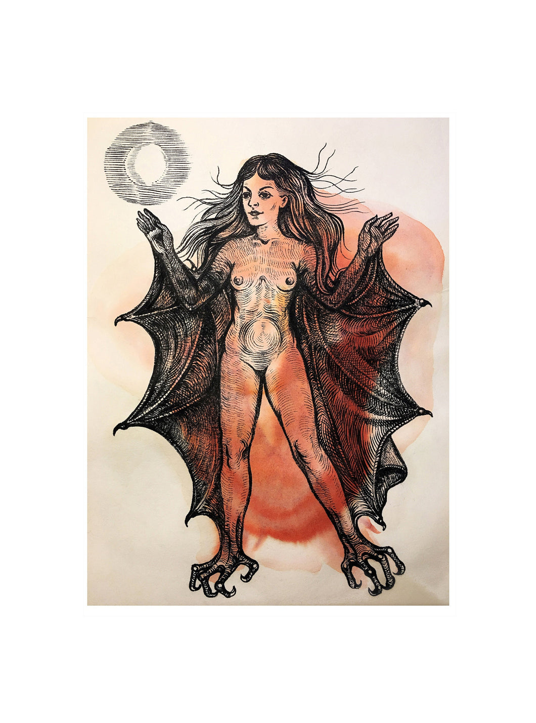 Bat Lady, Original Black Ink and Red Ecoline Drawing, Bat Inanna Illustration, Nude Bat Woman